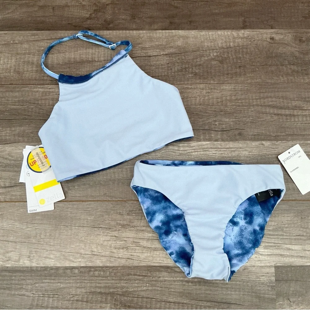 New Girls Zella Just Breathe Blue Tie Dye Reversible Bikini High Neck Size 7